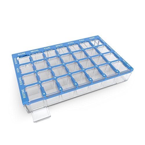 EZY DOSE Weekly (7-Day) Pill Organizer, Vitamin and Medicine Box, Medium Compartments with Easy Fill Tray, 4 Times a Day, Clear Lids, Color May Vary, BPA Free - Image 1