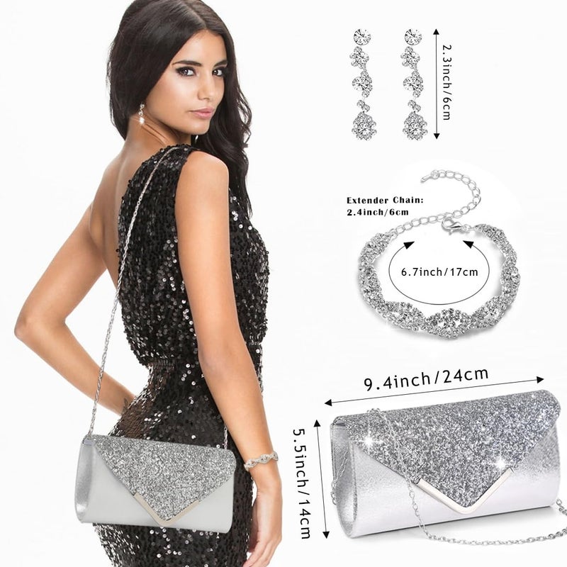 MEDOJO 10Pcs Silvery Rhinestone Jewelry Set for Women Bride Wedding Prom Jewelry Evening Rhinestone Sparkly Clutch Purse Bag Necklace Tennise Layered Bracelets CZ Ring Crystal Drop Earring Set - Image 3