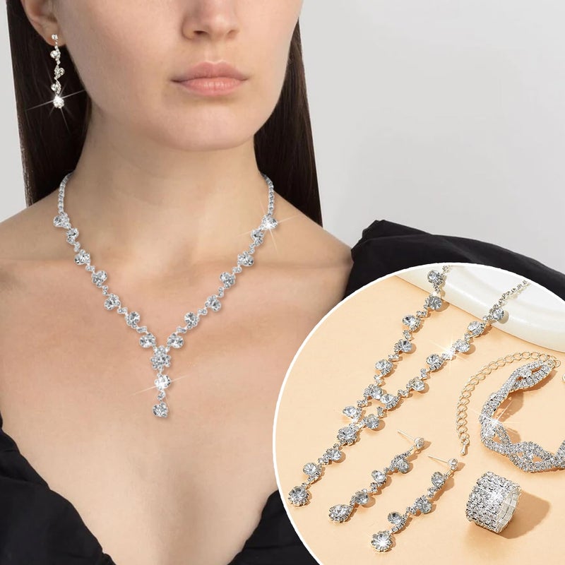 MEDOJO 10Pcs Silvery Rhinestone Jewelry Set for Women Bride Wedding Prom Jewelry Evening Rhinestone Sparkly Clutch Purse Bag Necklace Tennise Layered Bracelets CZ Ring Crystal Drop Earring Set - Image 4