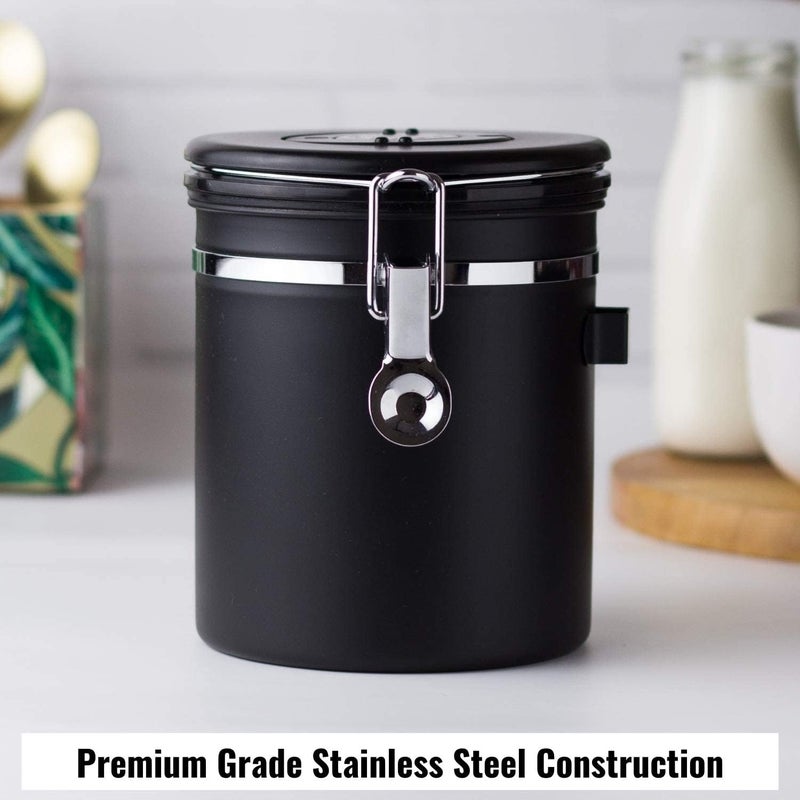 ZWERLIN Stainless Steel Coffee Canister Airtight Container with Date Tracker Jar CO2 Release Valve and Coffee Scoop 500 Grams Black - Image 2