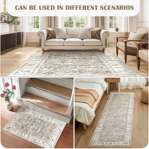jinchan Fiora Floral 2x3 Rugs for Entryway - Vintage Washable Small Non-Slip Distressed Indoor Doormat Ultra-Thin Low-Pile Accent Rug for Entrance Kitchen Bedroom Bathroom (2x3ft, Taupe) - Image 5