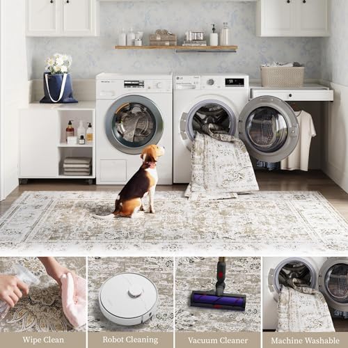 jinchan Fiora Floral 2x3 Rugs for Entryway - Vintage Washable Small Non-Slip Distressed Indoor Doormat Ultra-Thin Low-Pile Accent Rug for Entrance Kitchen Bedroom Bathroom (2x3ft, Taupe) - Image 3
