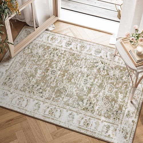 jinchan Fiora Floral 2x3 Rugs for Entryway - Vintage Washable Small Non-Slip Distressed Indoor Doormat Ultra-Thin Low-Pile Accent Rug for Entrance Kitchen Bedroom Bathroom (2x3ft, Taupe) - Image 1