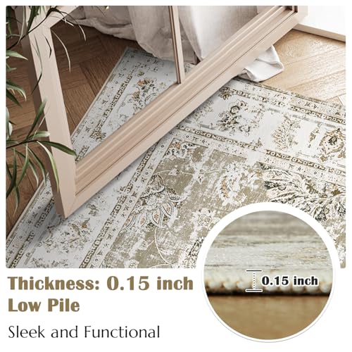 jinchan Fiora Floral 2x3 Rugs for Entryway - Vintage Washable Small Non-Slip Distressed Indoor Doormat Ultra-Thin Low-Pile Accent Rug for Entrance Kitchen Bedroom Bathroom (2x3ft, Taupe) - Image 2