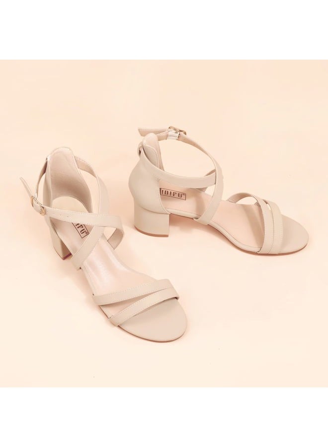 IDIFU Women's Block Low Chunky Heel Strappy Sandals Open Toe Ankle Strap Dress Wedding Evening Shoe for Women Bridal, Nude Nubuck, 8.5 - Image 4