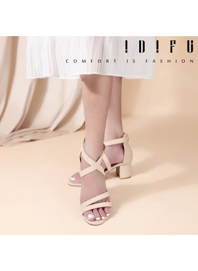 IDIFU Women's Block Low Chunky Heel Strappy Sandals Open Toe Ankle Strap Dress Wedding Evening Shoe for Women Bridal, Nude Nubuck, 8.5 - Image 5