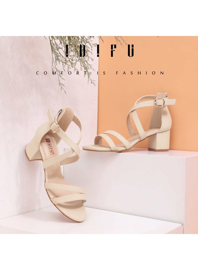 IDIFU Women's Block Low Chunky Heel Strappy Sandals Open Toe Ankle Strap Dress Wedding Evening Shoe for Women Bridal, Nude Nubuck, 8.5 - Image 2
