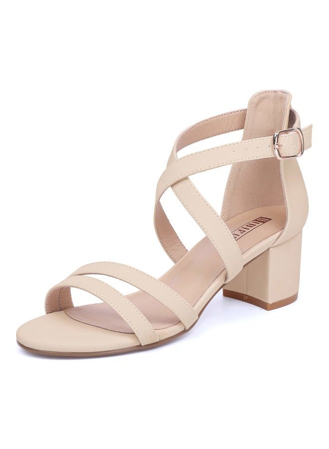IDIFU Women's Block Low Chunky Heel Strappy Sandals Open Toe Ankle Strap Dress Wedding Evening Shoe for Women Bridal, Nude Nubuck, 8.5 - Image 1