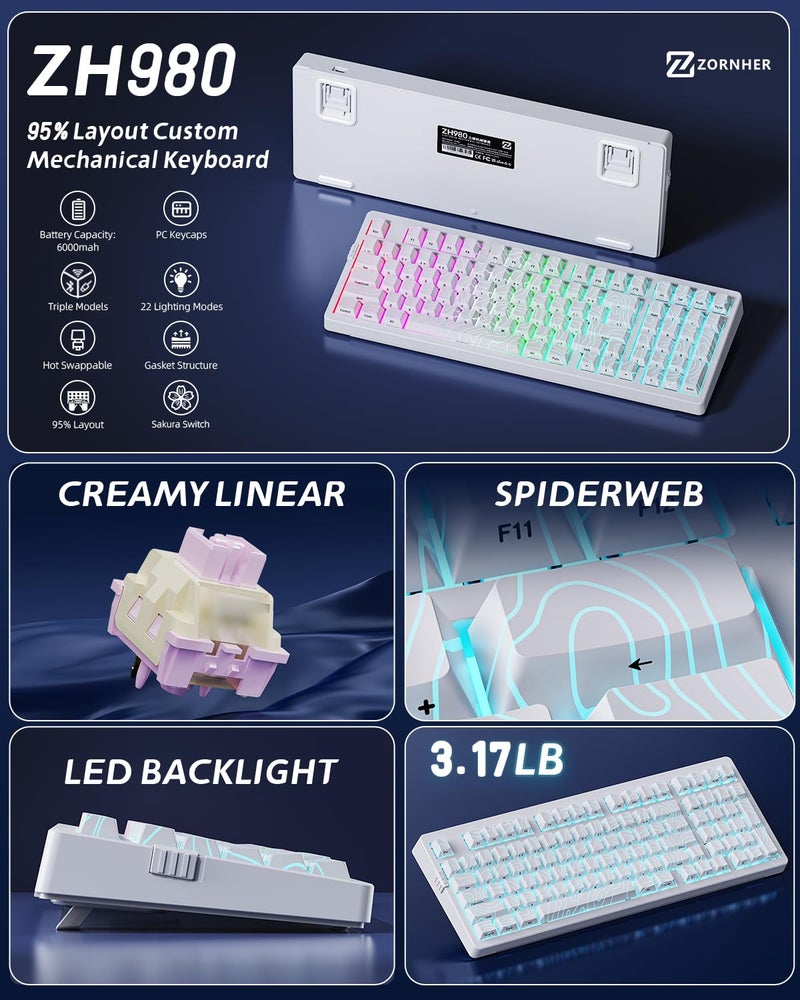 ZORNHER ZH980 Mechanical Keyboard Wireless,95% White Creamy Keyboard with Number Pad,Hot-Swappable Custom Gaming Keyboard,White Topographic Keycaps,Creamy Sounding Linear Switches,Full Size - Image 2