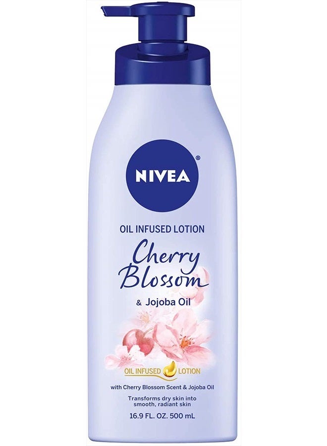 Nivea لوشن الجسم المعزز بالزيت، لوشن زهر الكرز مع زيت الجوجوبا، لوشن مرطب للجسم للبشرة الجافة، 16.9 أونصة سائلة زجاجة مضخة - Image 1