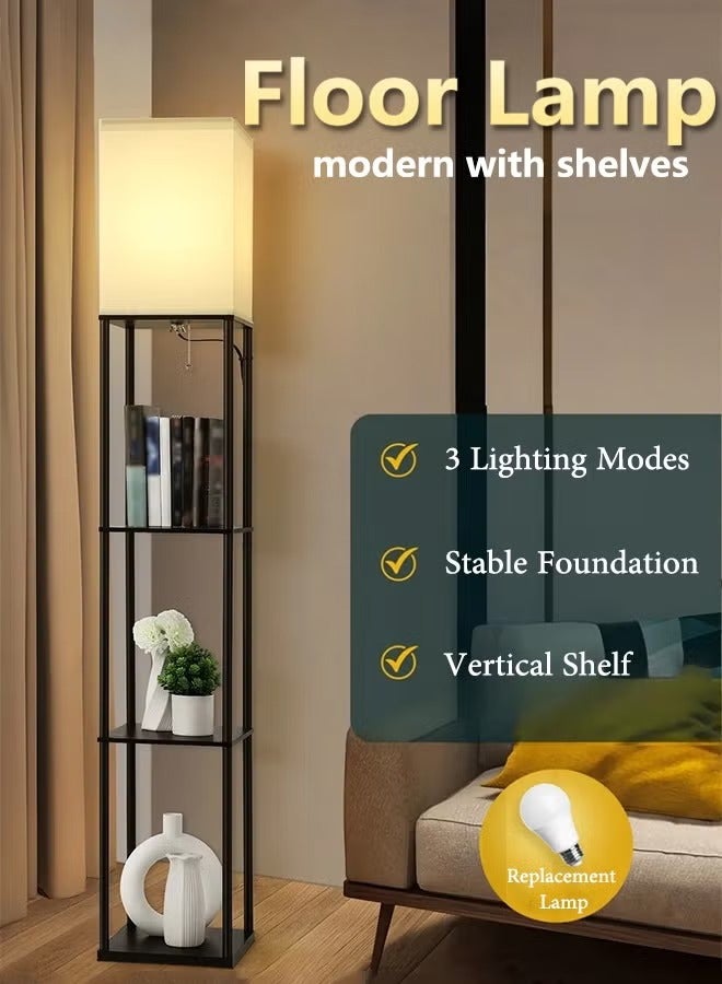 ELFSA Floor Lamp with Shelves With Warm Light Shelf Lamps with 3 Color Temperature LED Bulb Storage Wood Texture Modern Display Standing Lamp for Living Room Office Bedroom Metal Black 200 cm - Image 2