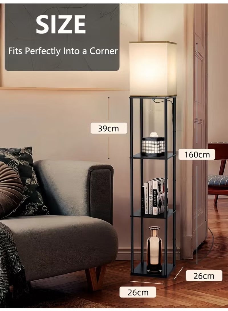 ELFSA Floor Lamp with Shelves With Warm Light Shelf Lamps with 3 Color Temperature LED Bulb Storage Wood Texture Modern Display Standing Lamp for Living Room Office Bedroom Metal Black 200 cm - Image 4
