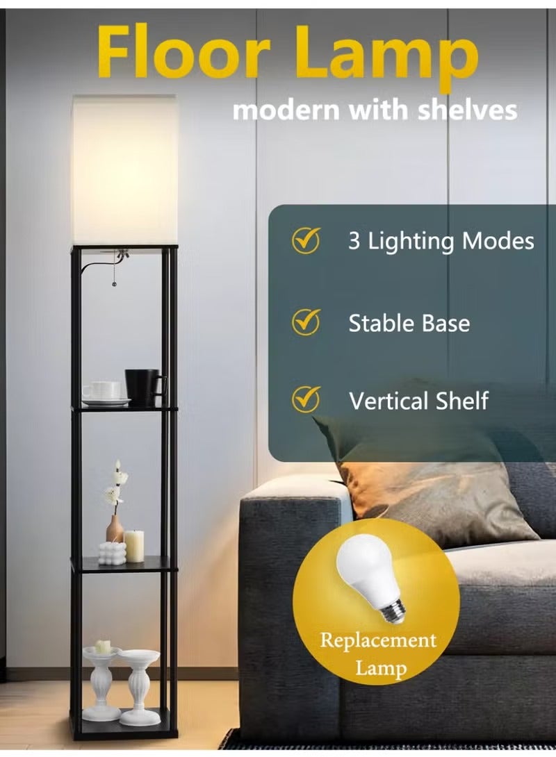 ELFSA Floor Lamp with Shelves With Warm Light Shelf Lamps with 3 Color Temperature LED Bulb Storage Wood Texture Modern Display Standing Lamp for Living Room Office Bedroom Metal Black 200 cm - Image 5