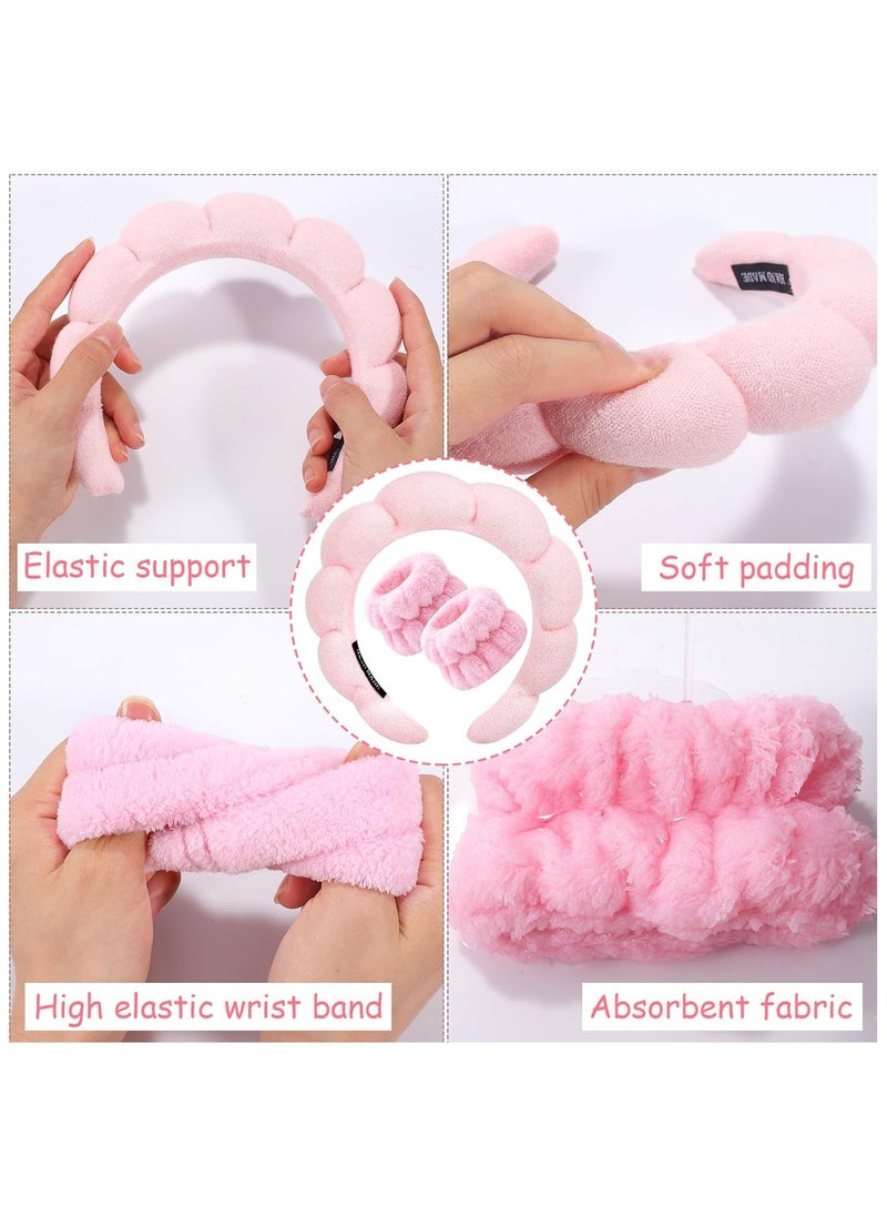 MOSH - Spa Headband for Washing Face Wristband Set Sponge Makeup Skincare Headband Terry Cloth Bubble Soft Get Ready Hairband for Women Girl Puffy Padded Headwear Non Slip Thick Hair Accessory(Pink) - Image 1