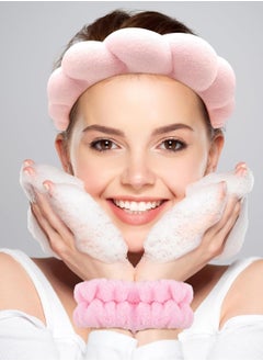 MOSH Spa Headband for Washing Face Wristband Set Sponge Makeup Skincare Headband Terry Cloth Bubble Soft Get Ready Hairband for Women Girl Puffy Padded Headwear Non Slip Thick Hair Accessory(Pink)  - Image 4