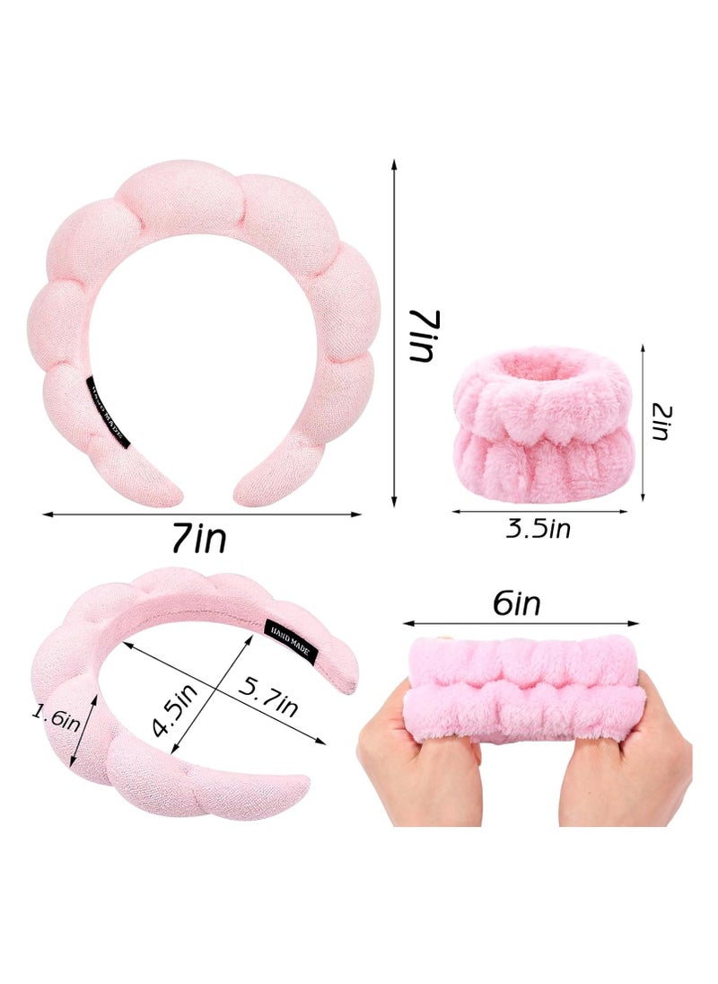 MOSH - Spa Headband for Washing Face Wristband Set Sponge Makeup Skincare Headband Terry Cloth Bubble Soft Get Ready Hairband for Women Girl Puffy Padded Headwear Non Slip Thick Hair Accessory(Pink) - Image 1