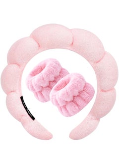 MOSH Spa Headband for Washing Face Wristband Set Sponge Makeup Skincare Headband Terry Cloth Bubble Soft Get Ready Hairband for Women Girl Puffy Padded Headwear Non Slip Thick Hair Accessory(Pink)  - Image 1
