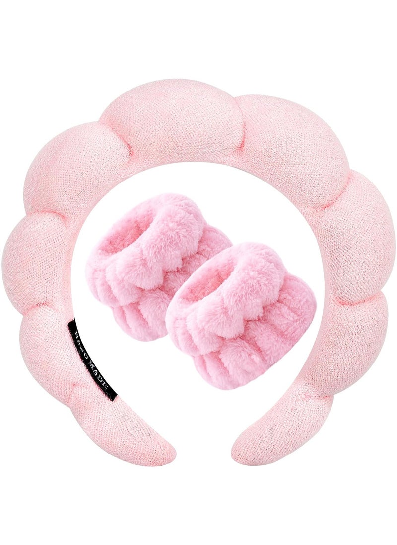 MOSH - Spa Headband for Washing Face Wristband Set Sponge Makeup Skincare Headband Terry Cloth Bubble Soft Get Ready Hairband for Women Girl Puffy Padded Headwear Non Slip Thick Hair Accessory(Pink) - Image 1