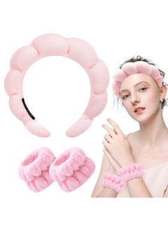 MOSH Spa Headband for Washing Face Wristband Set Sponge Makeup Skincare Headband Terry Cloth Bubble Soft Get Ready Hairband for Women Girl Puffy Padded Headwear Non Slip Thick Hair Accessory(Pink)  - Image 2