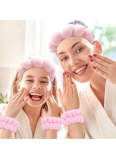MOSH Spa Headband for Washing Face Wristband Set Sponge Makeup Skincare Headband Terry Cloth Bubble Soft Get Ready Hairband for Women Girl Puffy Padded Headwear Non Slip Thick Hair Accessory(Pink)  - Image 3