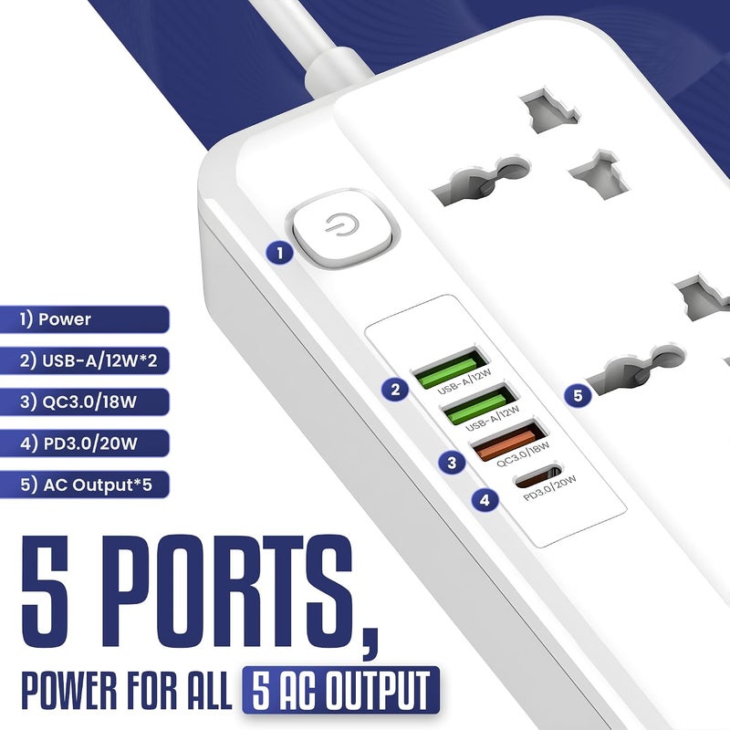 CAROSKI Power Extension Cord 5 AC Outlets and 4USB Fast charging Outlets with 1 year warranty, 2M Extension cable & Surge Protection Power Strip (Extension Cord 5 AC Outlet) - Image 3