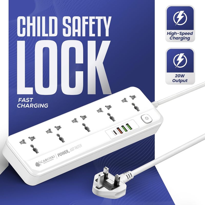 CAROSKI Power Extension Cord 5 AC Outlets and 4USB Fast charging Outlets with 1 year warranty, 2M Extension cable & Surge Protection Power Strip (Extension Cord 5 AC Outlet) - Image 4