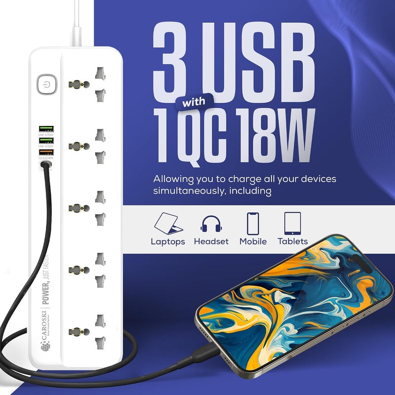 CAROSKI Power Extension Cord 5 AC Outlets and 4USB Fast charging Outlets with 1 year warranty, 2M Extension cable & Surge Protection Power Strip (Extension Cord 5 AC Outlet) - Image 5