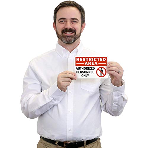 SmartSign (Pack of 4) 5 x7 inch “Restricted Area - Authorized Personnel Only” Sticker Labels with Symbol, 5 mil Laminated Polyester with SuperStick Adhesive, Red, Black and White, Made in USA - Image 3