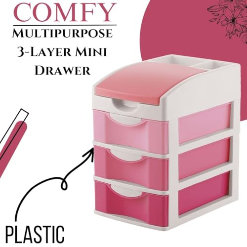 Nabhya Small Size Desktop Cosmetic & Make-up Organizers Drawer MulitPurpose Drawer Rack Organizers (Pink, 3 Layer) - Image 2
