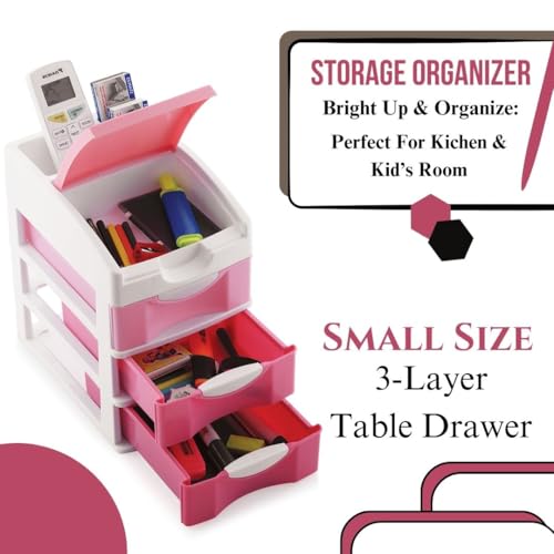 Nabhya Small Size Desktop Cosmetic & Make-up Organizers Drawer MulitPurpose Drawer Rack Organizers (Pink, 3 Layer) - Image 3