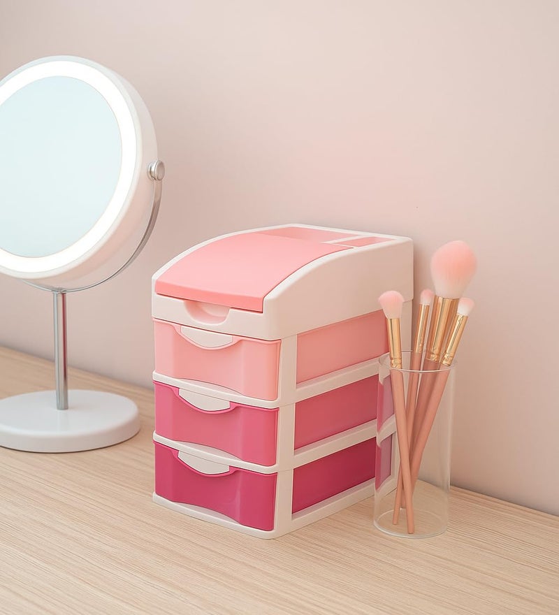 Nabhya Small Size Desktop Cosmetic & Make-up Organizers Drawer MulitPurpose Drawer Rack Organizers (Pink, 3 Layer) - Image 1