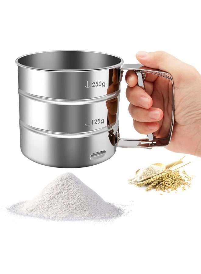 Flour Sifter, Stainless Steel Hand Held Flour Sifter, Flour Shaker Cup for Home Kitchen with Hand Press, Large Capacity Baking Sieve Cup for Icing Sugar Cake Flour - Image 1