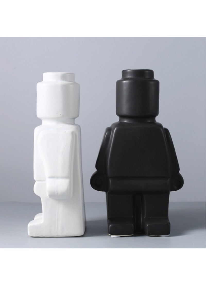 AROAQ Ceramic Statue, Creativity Robot Tv Cabinet Desktop Flower Vase, Durable Nordic Style Flower Pot, Modern Home Decoration Elegant Design Robot Vase, (1pc, Large, White) - Image 3