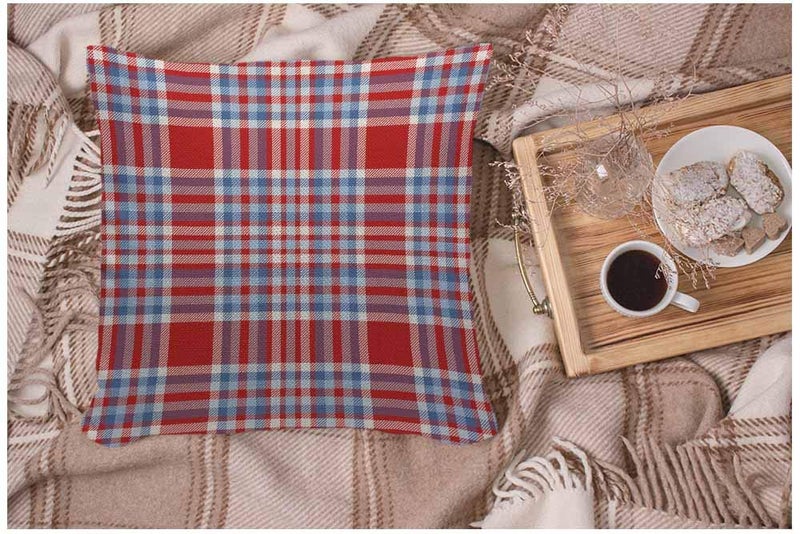 WONDERTIFY Throw Pillow Case Cover Tartan Plaid Pattern Checkered Fabric Texture Moderate Light Blue White and Bright Red Soft Linen Pillow Case for Bedroom/Livingroom/Sofa Cushion Covers 18x18 Inch - Image 3