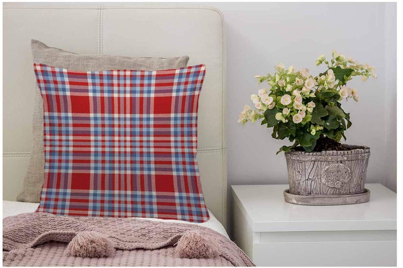 WONDERTIFY Throw Pillow Case Cover Tartan Plaid Pattern Checkered Fabric Texture Moderate Light Blue White and Bright Red Soft Linen Pillow Case for Bedroom/Livingroom/Sofa Cushion Covers 18x18 Inch - Image 4