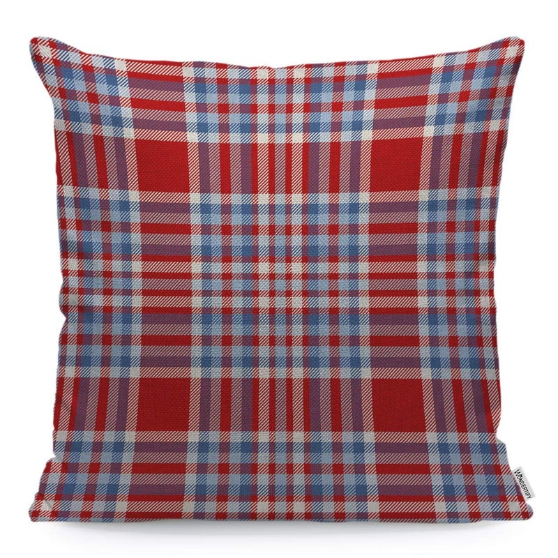 WONDERTIFY Throw Pillow Case Cover Tartan Plaid Pattern Checkered Fabric Texture Moderate Light Blue White and Bright Red Soft Linen Pillow Case for Bedroom/Livingroom/Sofa Cushion Covers 18x18 Inch - Image 1