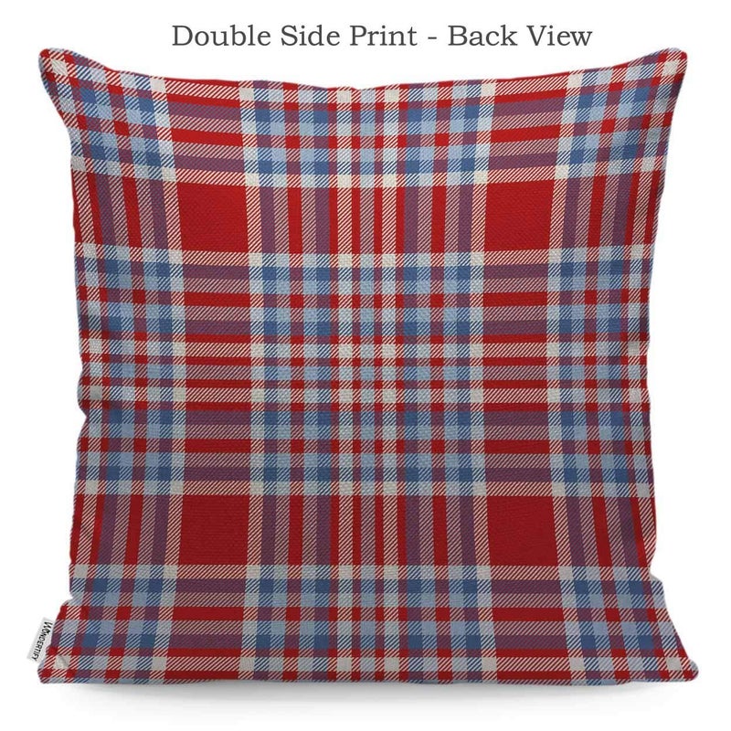 WONDERTIFY Throw Pillow Case Cover Tartan Plaid Pattern Checkered Fabric Texture Moderate Light Blue White and Bright Red Soft Linen Pillow Case for Bedroom/Livingroom/Sofa Cushion Covers 18x18 Inch - Image 2