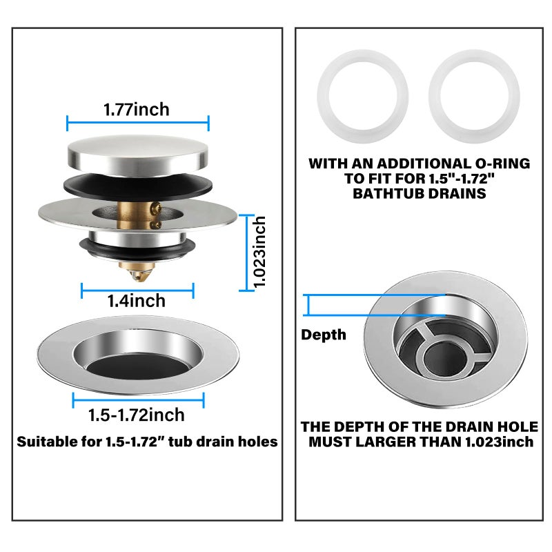 Uxoz Bathtub Drain Stopper, Uxoz Universal Tub Stopper for Replacing Tip Toe/Trip Lever/Lift&Turn Tub Drain, Bath Tub Drain Stoppers Desiged for 1.5" to1.72 Drain Hole with 3 O-Rings, Chrome Plated - Image 5