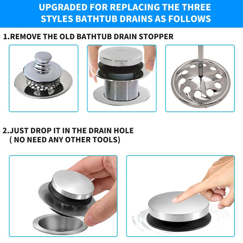 Uxoz Bathtub Drain Stopper, Uxoz Universal Tub Stopper for Replacing Tip Toe/Trip Lever/Lift&Turn Tub Drain, Bath Tub Drain Stoppers Desiged for 1.5" to1.72 Drain Hole with 3 O-Rings, Chrome Plated - Image 3