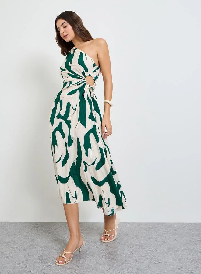تايك تو Cream One Sleeve Midi Dress with Ruched Detail