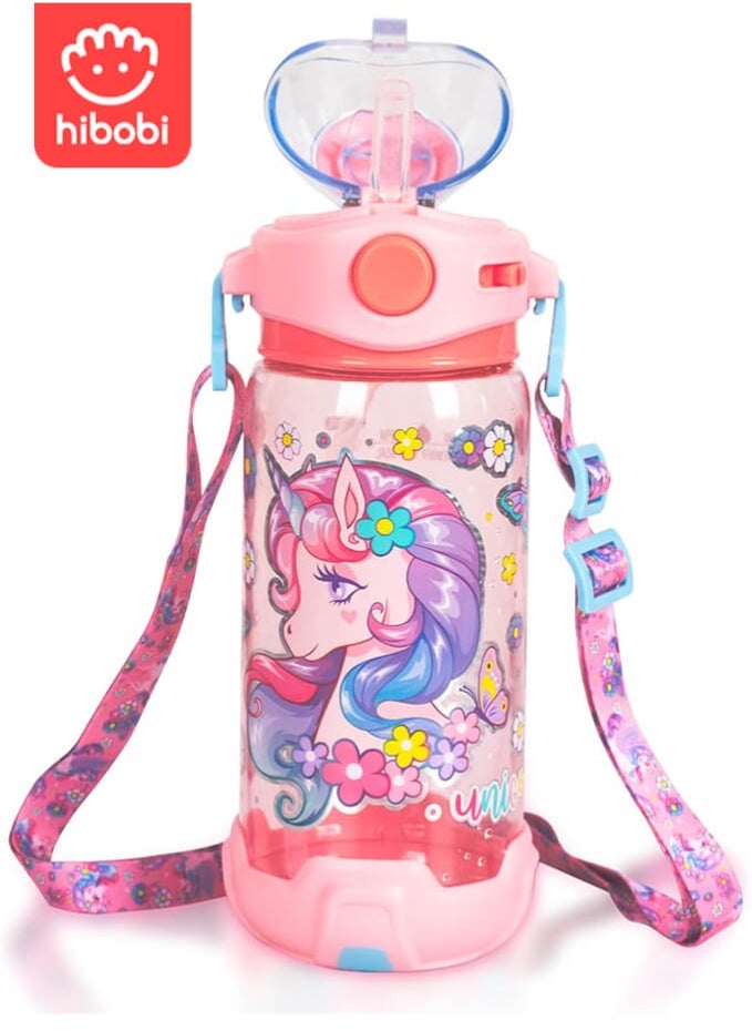 hibobi Unicorn Water Bottle,Kids Water Bottle with Straw/Lanyard for School Kids Girls Boys  - Image 1