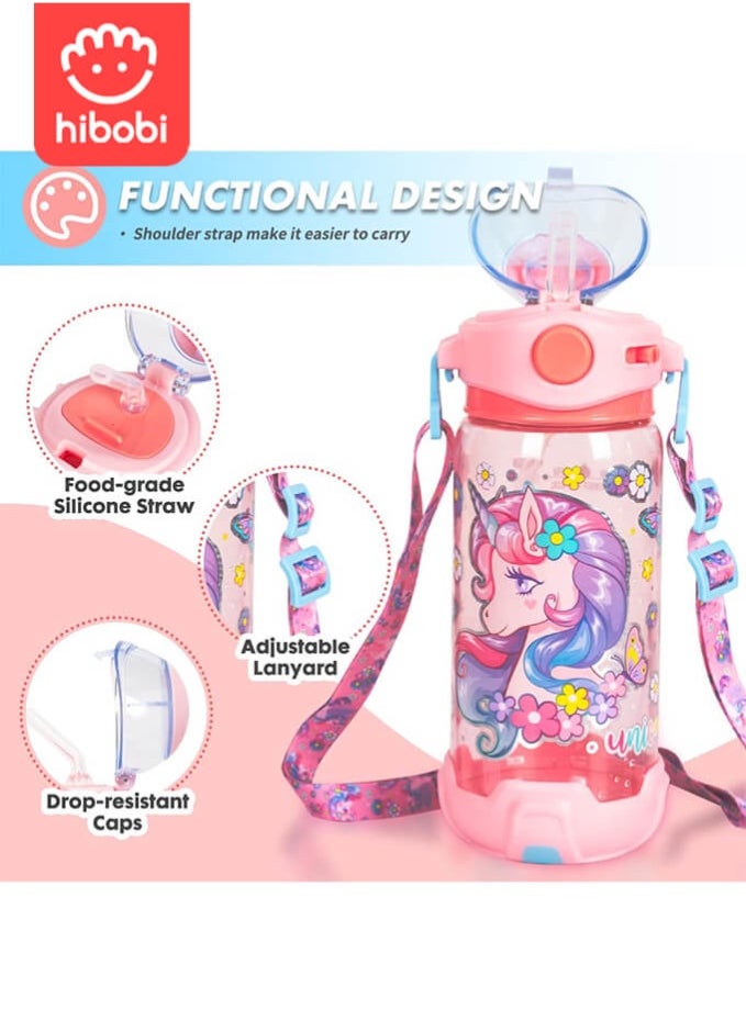 hibobi Unicorn Water Bottle,Kids Water Bottle with Straw/Lanyard for School Kids Girls Boys  - Image 2