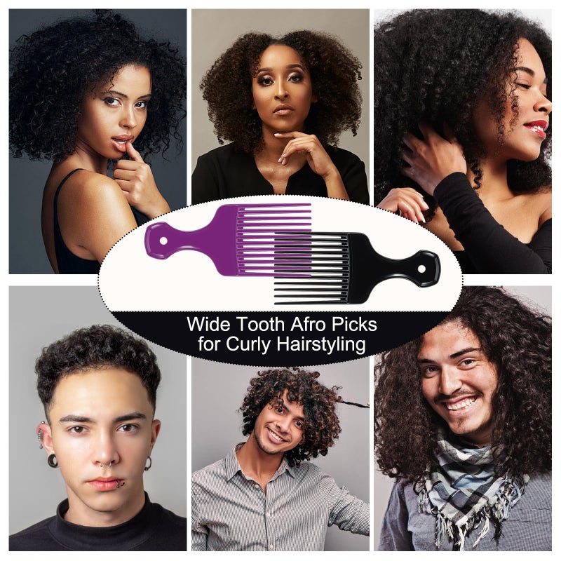SIMPOR 2 Pcs Hair Pick Comb Wide Tooth Lift for Hair Styling Detangling, Plastic Afro Pick for Women Men, Fist Picks for Curly and Afro Hair (Purple, Black) - Image 3