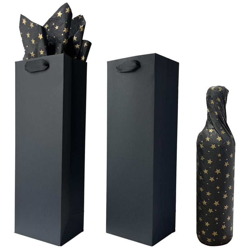 HANSWARE 2 Pack Black Wine Gift Bags with Handles for Bottles Gifts Paper Wine Bag for Valentines,Wedding,Easter,Christmas,Baby Shower,Birthday Party - Image 1