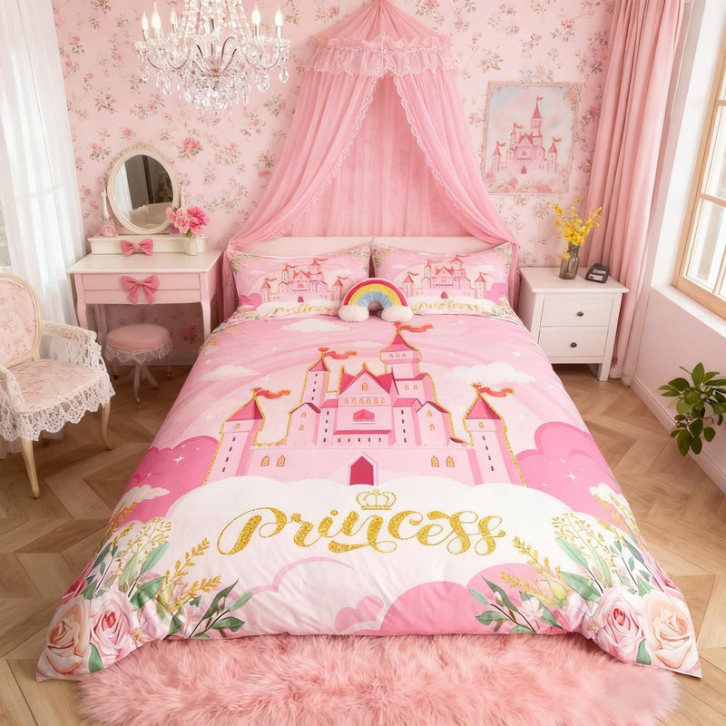 Manfei Princess Twin Bedding Sets for GirlsPink Castle Dreamy Comforter Cover Kids Bedroom DecorFlowers Bed SetFairy Tale Theme Duvet Cover Cute BlanketGifts for GirlNo Comforter