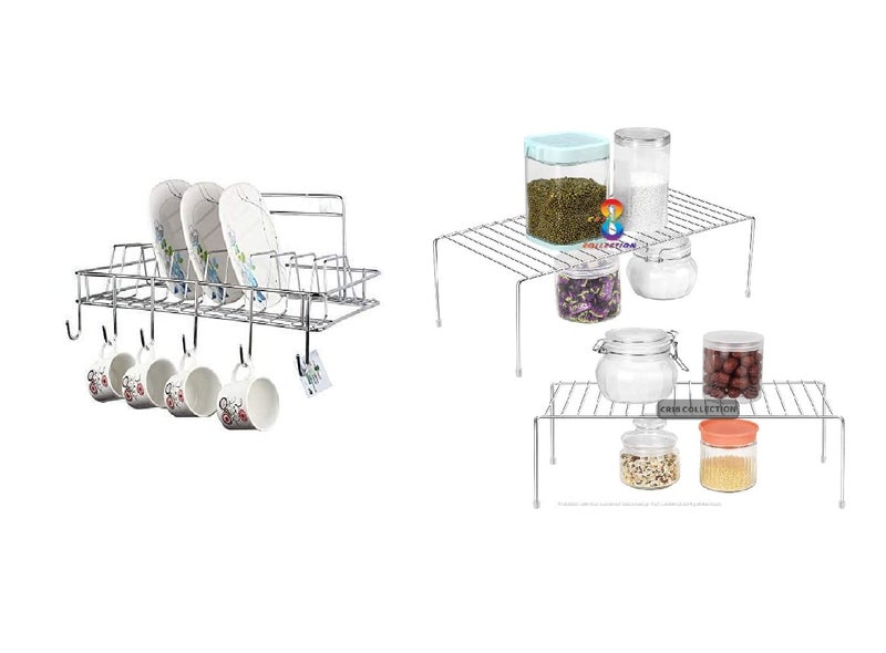 CR18 COLLECTION Stainless Steel Wall Hanging Cup Saucer Holder Plate Organizer and 2pcs Kitchen Dish Rack Expandable Storage Shelves for Kitchen Combo Silver - Image 1