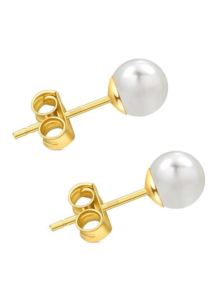 Hain 6MM Freshwater Pearl Stud Earrings for Women, Hypoallergenic 18K Gold Vermeil Earrings Studs with Genuine Round White Pearls - Image 1