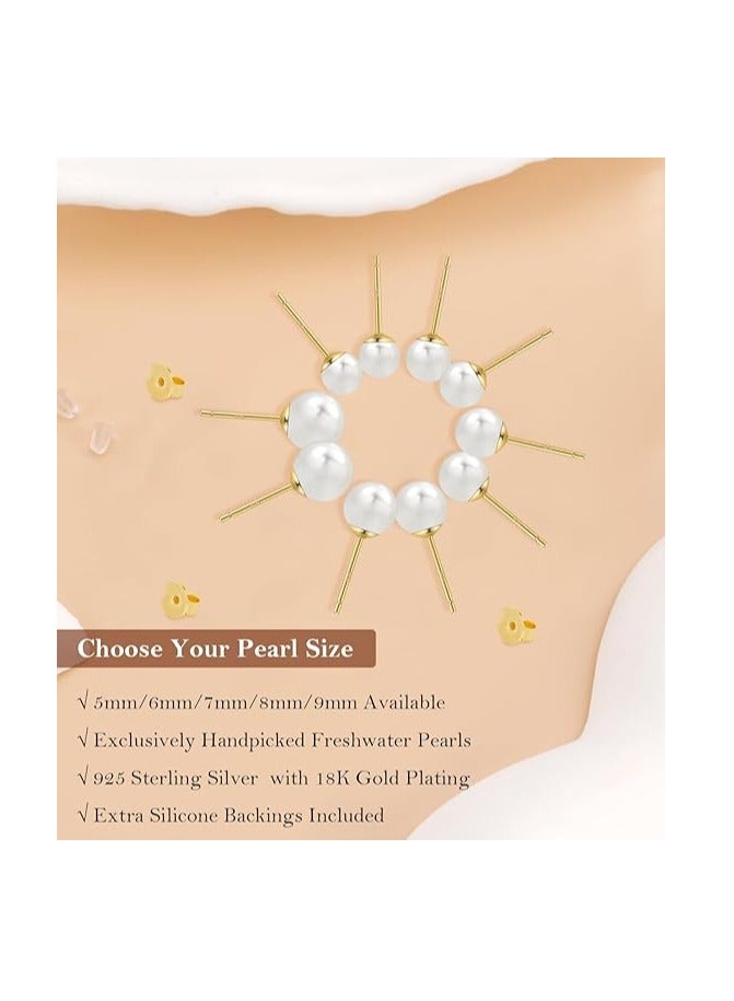 Hain 6MM Freshwater Pearl Stud Earrings for Women, Hypoallergenic 18K Gold Vermeil Earrings Studs with Genuine Round White Pearls - Image 3