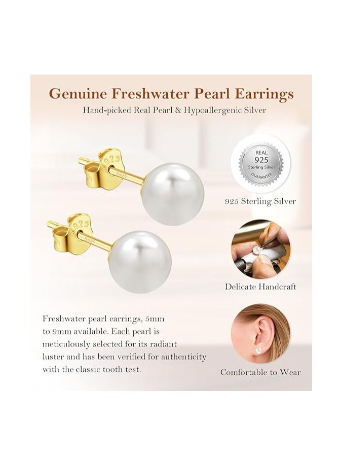 Hain 6MM Freshwater Pearl Stud Earrings for Women, Hypoallergenic 18K Gold Vermeil Earrings Studs with Genuine Round White Pearls - Image 5