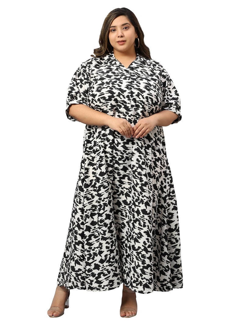 Indietoga Women's Black & White Animal Print Plus Sizes Fit & Flare Long Maxi Dress (P10001490_4XL) - Image 1